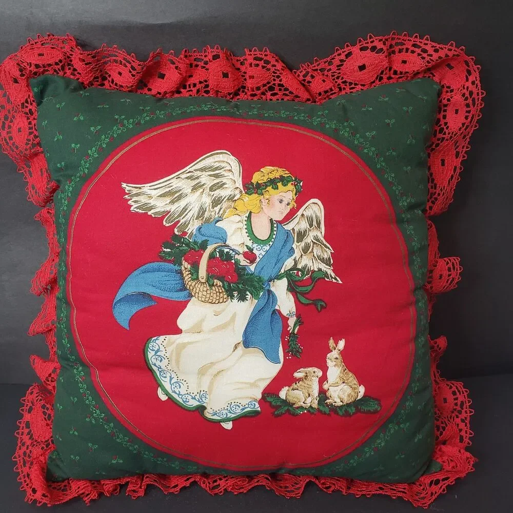 Vintage Victorian Style Red Lace Christmas Angel Throw Pillow 15x15